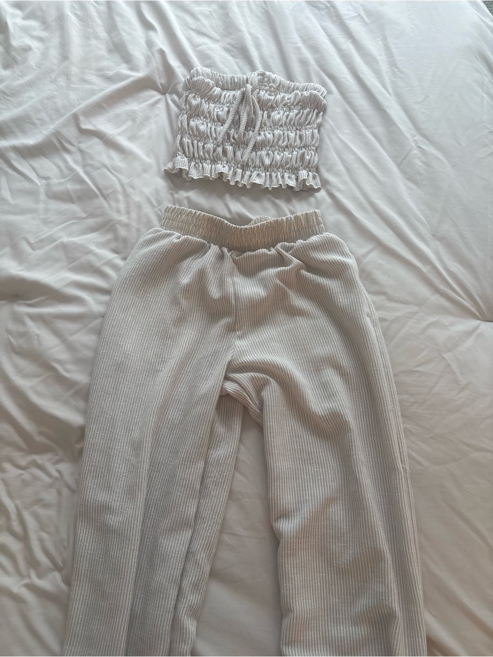 Smocked Tube Top and Ribbed Wide-Leg Pants Set - Cream